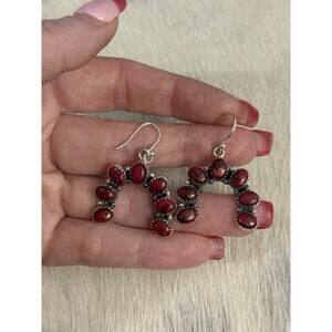 Sterling Silver Red Rose Dahlia Naja Horseshoe 7 Stone Hook Dangle Earrings